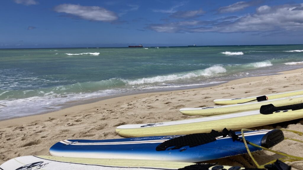 砂浜に並んだサーフボード